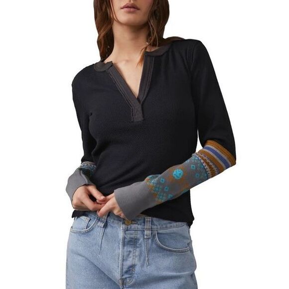 We The Free Mikah Notch Neck Top – Waffle Knit Henley w/ Patterned Sleeves – Siz - Picture 2 of 11